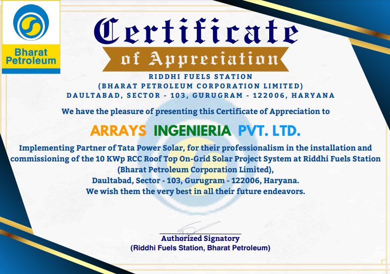 Bharat Petroleum certificate of appreciation, rooftop solar, Ingenieria