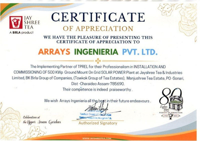Jay Shree Tea certificate of appreciation to Arrays Ingenieria for the 535 kWp Towkok solar plant