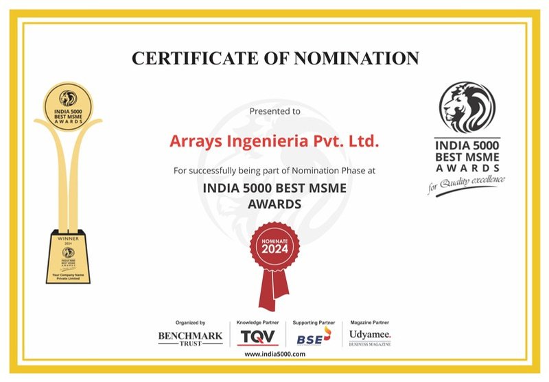 India 5000 Best MSME Award for Quality Excellence nomination, Arrays Ingenieria Pvt. Ltd.