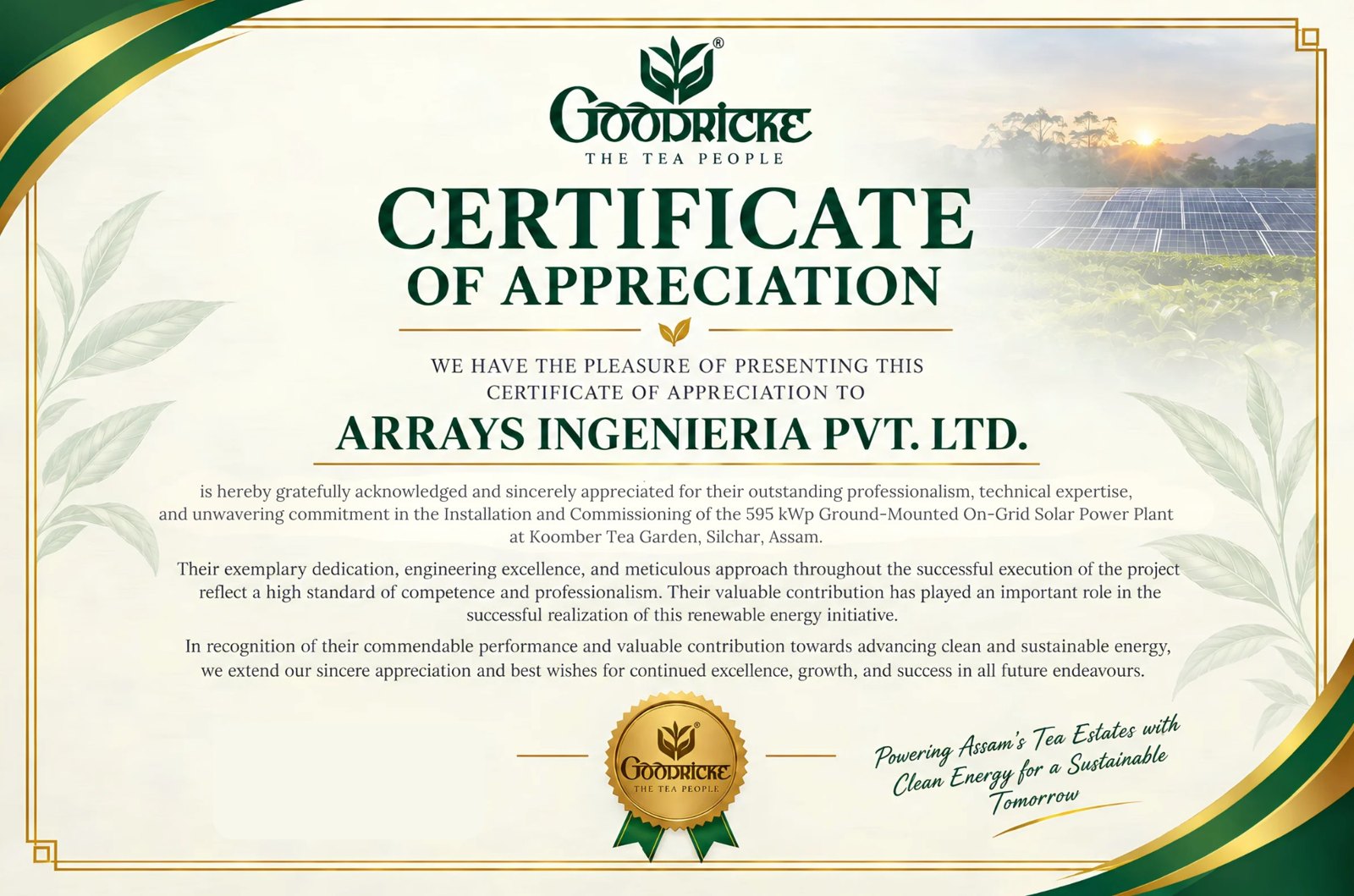 Goodricke certificate of appreciation to Arrays Ingenieria for the 595 kWp Koomber Tea Garden solar plant