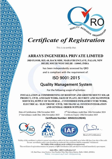 ISO 9001:2015 quality management certificate of Arrays Ingenieria Pvt. Ltd.