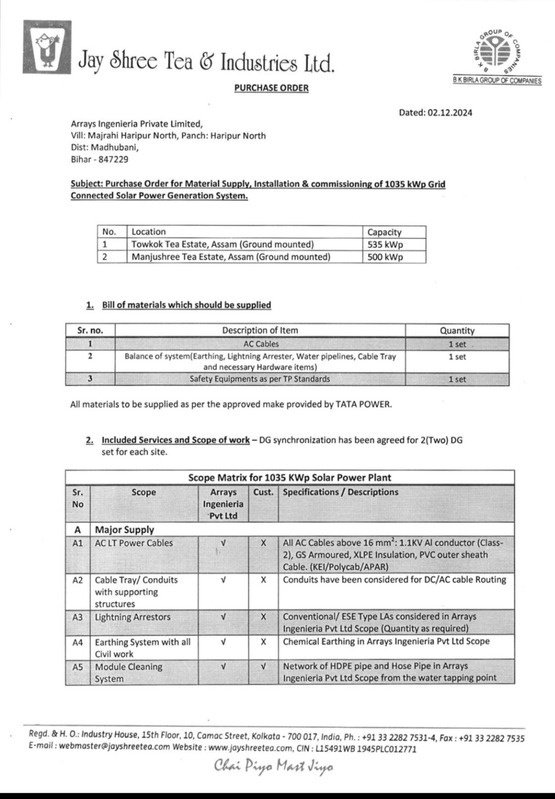 Jay Shree Tea purchase order to Arrays Ingenieria for 1035 kWp grid-connected solar