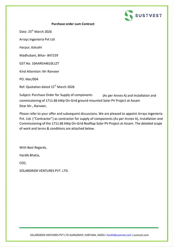 Purchase order to Arrays Ingenieria for 1711.66 kWp on-grid solar in Assam