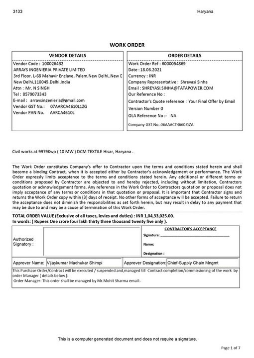 Tata Power work order to Arrays Ingenieria for DCM Hisar 10 MW solar civil works