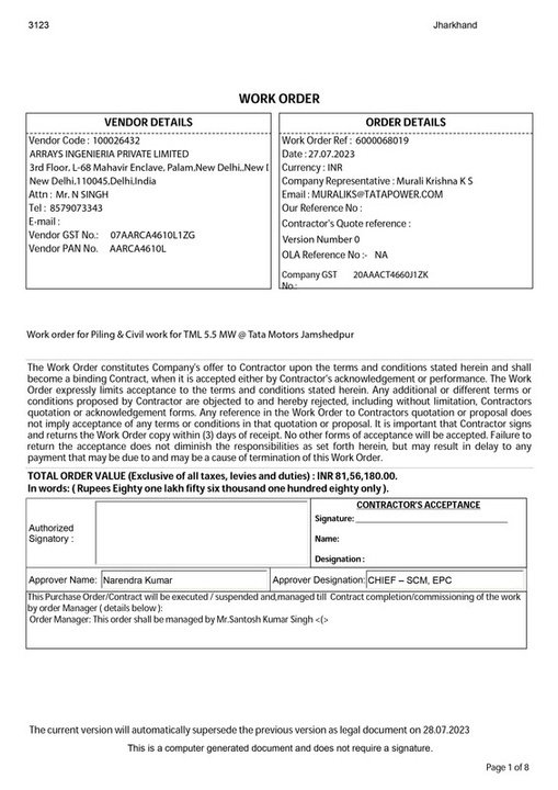 Tata Power work order to Arrays Ingenieria for Tata Motors 5.5 MW solar
